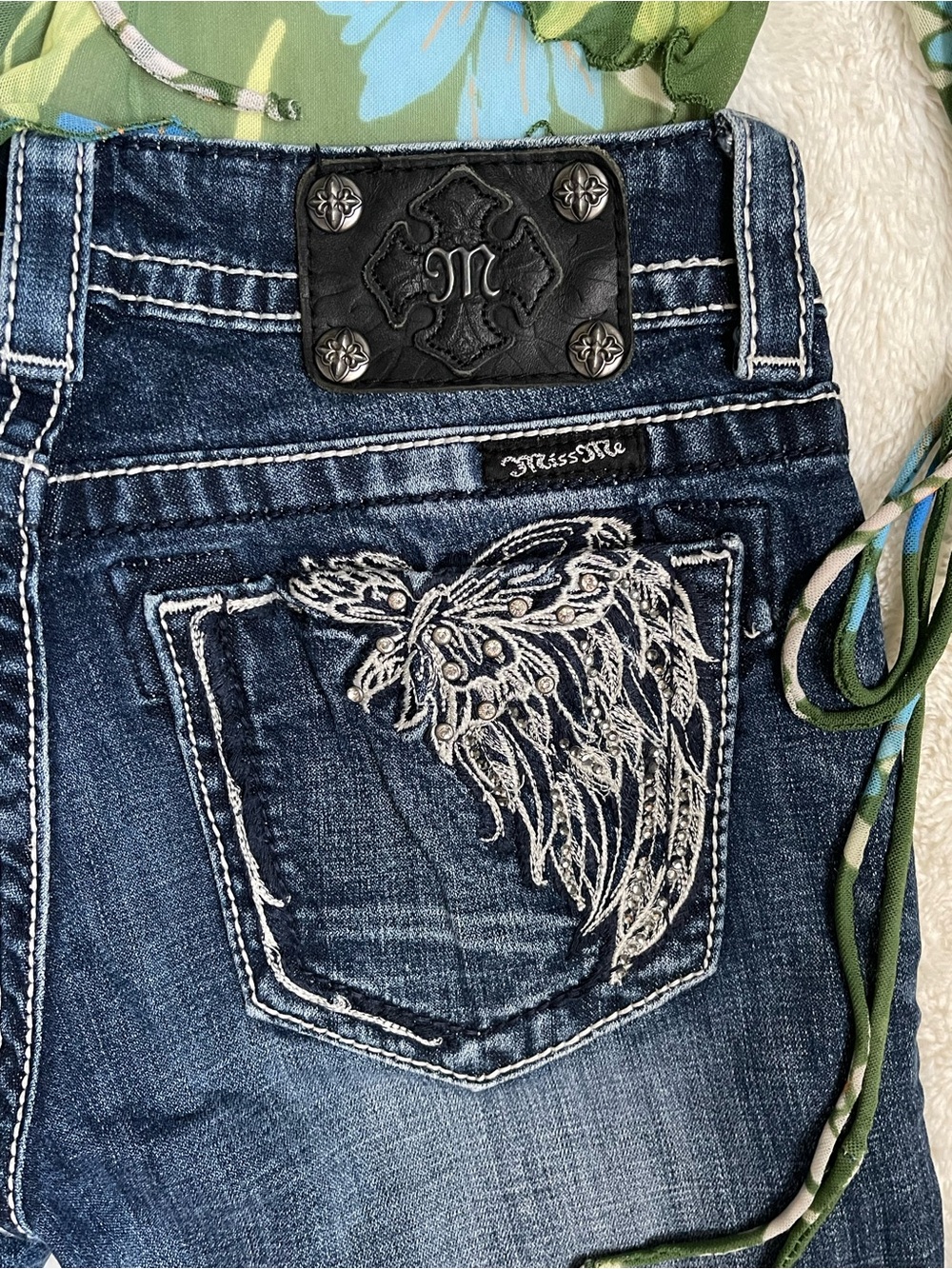 Miss Me Women’s Blue Denim Jeans with White Embroidered Wing Pocket